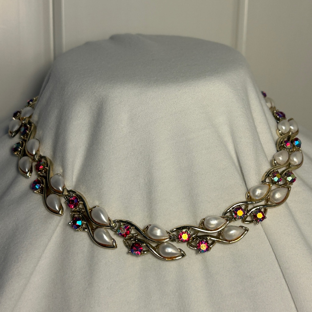 Vintage Bsk Choker Necklace Colorful Rhinestones Faux Pearl Gold Leaf 50s Mcm 29$